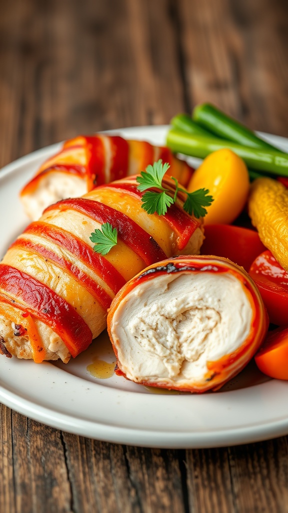 Bacon-wrapped chicken breasts garnished with parsley on a plate with roasted vegetables.